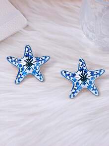 1 Pair Fashionable Versatile Personalized Alloy Starfish Stud Earrings, Minimalist Elegant Design For Women - Blue Starfish - View 3