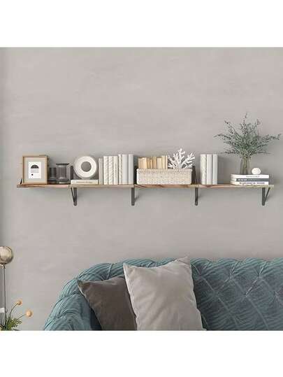 1件/3件装复古悬浮式木质书架，黑色金属框架，4层壁挂式储物架，适用于浴室、卧室、客厅