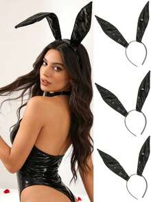 1个情人节兔耳朵发箍，时尚仿皮头饰，性感兔女郎角色扮演拍照道具，女士发饰，发带，发箍 - 黑色 - 查看 5