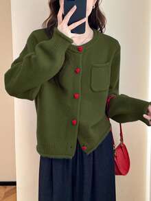 Áo cardigan len nữ kiểu Hàn Quốc tối giản, cổ tròn, thiết kế cúc phối màu tương phản, thích hợp cho mùa Thu/Đông. - Tảo xanh - Xem 2