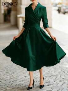 DONICY Đầm sơ mi dài tay cổ chéo sang trọng, ôm dáng dành cho nữ mùa thu/đông, chất liệu satin cao cấp, thích hợp cho hẹn hò, tiệc tùng, sự kiện kinh doanh và đi làm. - màu xanh lá - Xem 5