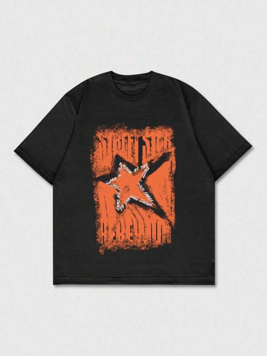 Mens Tshirts Shirts ROMWE MEN Street Life Men's Star Print Short Sleeve T-Shirt, Suitable For Everyday Wear, SpringSummer, 2000s Style Men's Pure Cotton T-Shirt Effortless Styling, Showcase Your Unique Style Men's Fashion Print Casual T-Shirt Casual Summer T-Shirt, Comfortable Outdoor Casual Wear - 黑色 - 查看 1