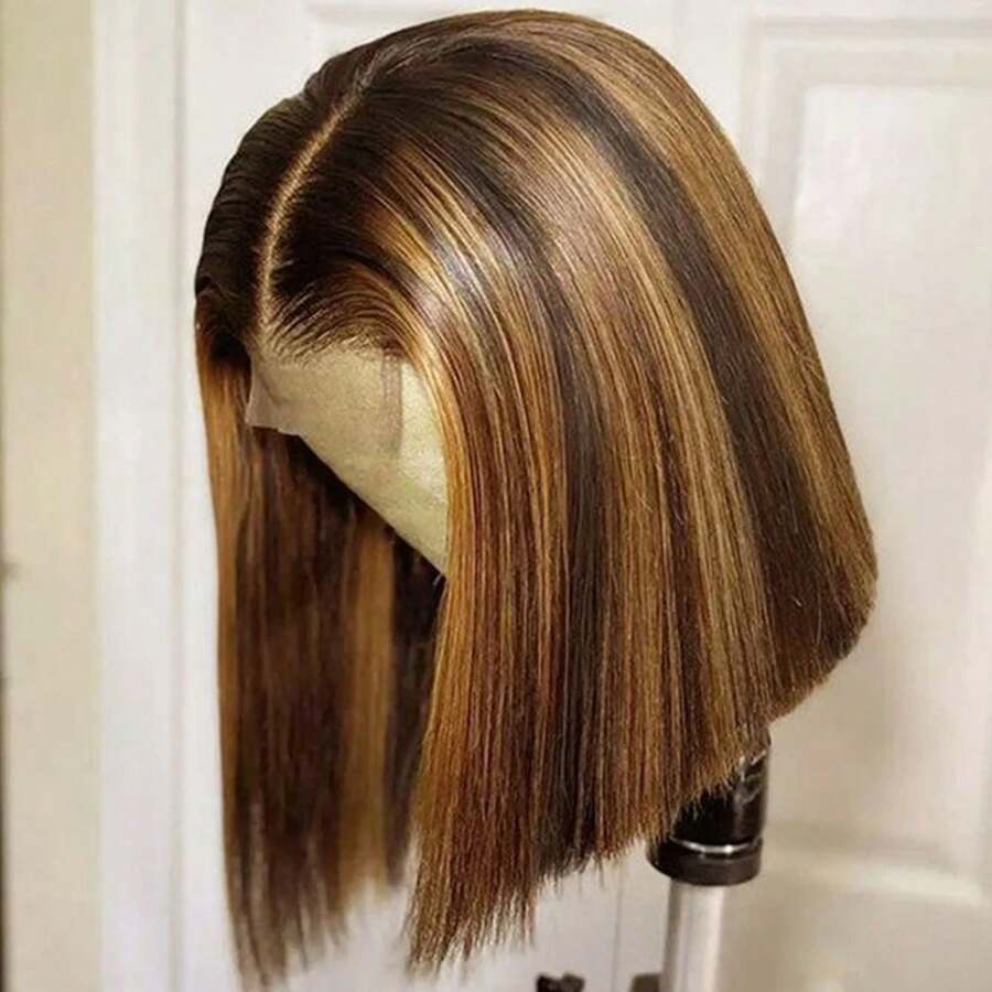 ZHUICHAO #P4/27 12 Inch Honey Blonde Highlight Straight Lace Front Human Hair Blended Wigs Pre Plucked Bady Hair & Pre-Bleached Knots 13x6 Can Be Free Styling Large Area HD Transparent Frontal Bob Brazilian Virgin Hair Wigs For Women - SP4/27 - View 1