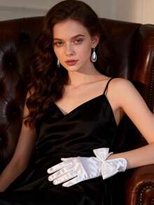 1 Pair White Satin Bow Formal Gloves, Suitable For Wedding, Banquet, And Various Outfits - White - View 3