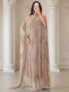 Elegant Batwing Sleeve Women's Robe, Made Of Pleated Chiffon Fabric With Contrasting Sequin Details - Mocha Brown - View 3