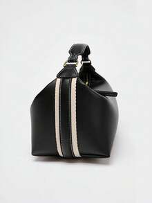 Women's Bowling Ball Shaped Handbag, Fashionable Shoulder Bag With Adjustable Strap, Canvas & PU Leather Small Square Crossbody Bag - Black - View 6