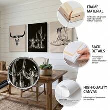 3件套西部牛仔帆布墙画 – 牛头骨、仙人掌和靴子黑白印花，现代简约风格，适用于客厅、卧室和办公室，可选配画框 - 彩色 - 查看 6