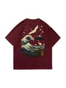 Krometka 男士休闲百搭简约海浪鹤自然风景艺术印花短袖T恤 - 酒紅色 - 查看 7