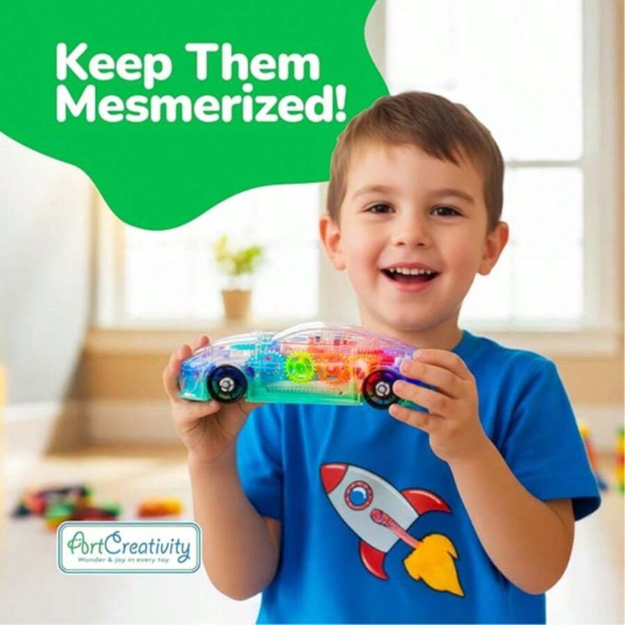 ArtCreativity Light Up Transparent Sensory Car Toy For Kids, 1PC, Bump And Go Toy Car With Colorful Moving Gears, Music, And LED Effects, Easter Toys For Toddlers, Great Birthday Gift Idea - 彩色 - 查看 1