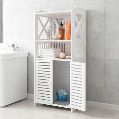 White Waterproof Double Door Bathroom Cabinet 40x25x90CM, Freestanding Storage Shelf With Daily Use Layers For Bathroom Essentials Organizer