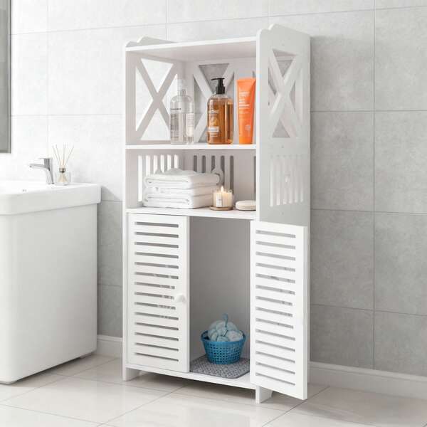 White Waterproof Double Door Bathroom Cabinet 40x25x90CM, Freestanding Storage Shelf With Daily Use Layers For Bathroom Essentials Organizer