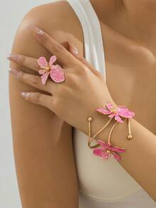 2pcs/Set Women's Floral Bracelet & Ring Set, Elegant Style For Summer Party, Wedding, Holiday, Gift For Friends & Family - Pink - View 12