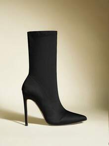 Sexy Mode Party-/Pendler-Stiefel für Frauen, schwarz, elastisch, Lycra, spitzer Zehenbereich, 9,5 cm dünner Absatz, Schlupfeinstieg, Knöchelhöhe, Herbst/Winter - Schwarz - Übersicht 9