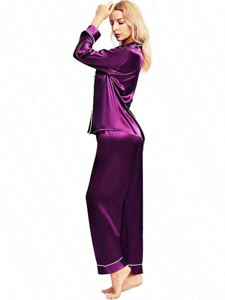 Valentine's Day Limited High-End Fashion Satin Silk Women's Pajama Set Long Sleeve Button-Down Sleepwear XS-3XL Comfortable Warm Loungewear - 紫色 - 查看 1