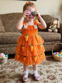 Toddler Girls Easter Tutu Dress Adorable Flying Sleeve Square Neck 3D Carrot Bunny Decorated Tulle Princess Dress - 橘色 - 查看 4