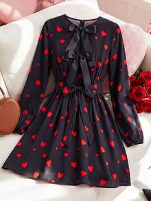 JTI Women's Sweet Bowknot Decor Round Neck Long Sleeve Heart Print A-Line Waist Tie Hem Short Dress, Black Cute Girly Style, Suitable For Valentine's Day Date - Black - View 1