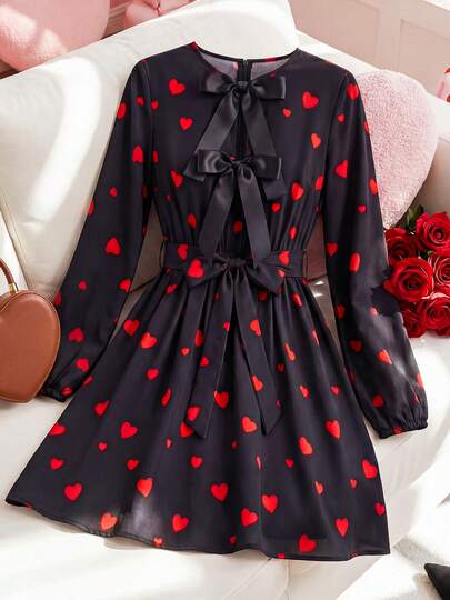 JTI Women's Sweet Bowknot Decor Round Neck Long Sleeve Heart Print A-Line Waist Tie Hem Short Dress, Black Cute Girly Style, Suitable For Valentine's Day Date
