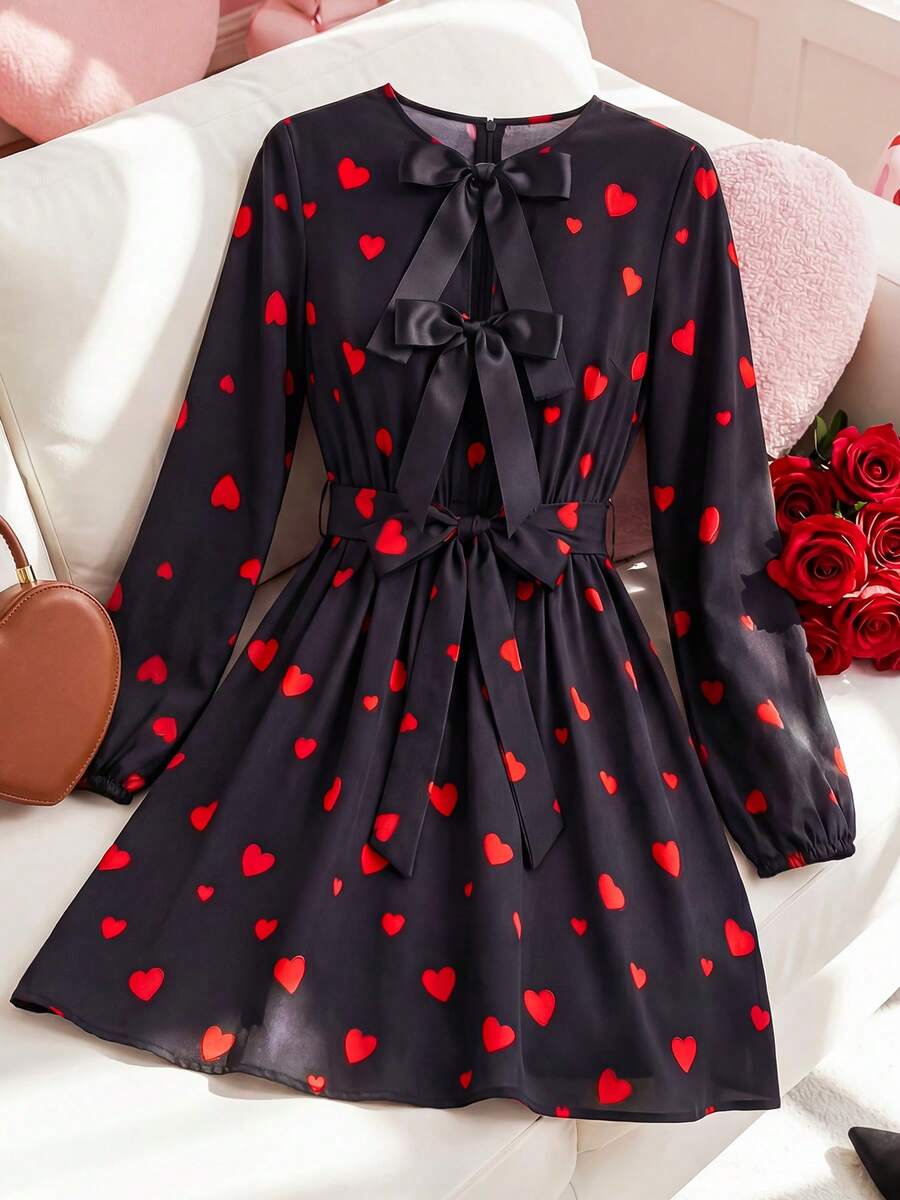 JTI Women's Sweet Bowknot Decor Round Neck Long Sleeve Heart Print A-Line Waist Tie Hem Short Dress, Black Cute Girly Style, Suitable For Valentine's Day Date - Black - View 1