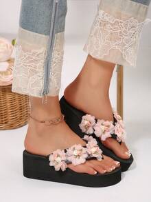 春夏EVA度假风波西米亚坡跟拖鞋，中国风花卉女士凉鞋 - 黑色 - 查看 7