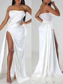 Women's Sexy Strapless Rhinestone Embellished Satin Maxi Dress | Draped Front, High Slit, Ideal For Prom & Wedding Guest - 白色 - 查看 1