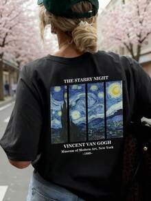 Women's Summer Personalized Letter Printed Pattern Round Neck T-Shirt Fashionable And Versatile Women's Half Sleeve Small Shirt With Van Gogh Starry Sky Print. Graphic Tees Women Pink Top White Top Black Top - Black - View 7