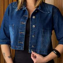 Women Denim Jackets & Coats - 深色水洗藍 - 查看 4