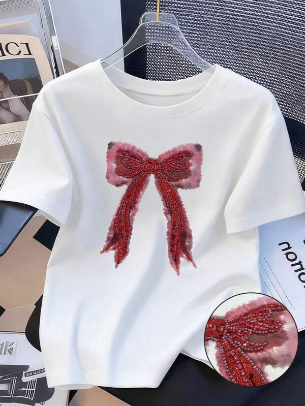 Women's White Crew Neck T-Shirt | Red Sequin Bow Graphic Print | Feminine Casual Short Sleeve Top For Daily Wear Summer