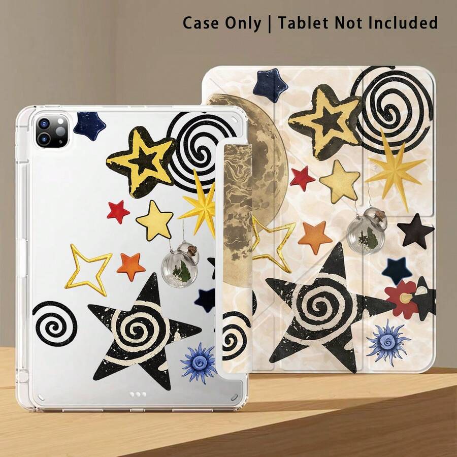 星形单件装彩绘效果亚克力水晶平板电脑保护套,带支架,兼容荣耀、Matepad、红米、OPPO、vivo、苹果等品牌,可折叠防弯折,硅胶加固边角,自动唤醒/睡眠功能,内置笔槽,多角度可折叠支架 - 日常完美保护,节日送礼佳品 - 彩色 - 查看 1