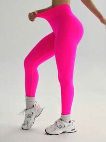 Seamless High-Elasticity Women's Solid Color Sports Leggings,Women Tuck In The Abdomen Leggings,Lift The Buttocks And Slim The Legs Leggings,Soft Touch Quick Dry Breathable Four-Way Stretch Hip Lift Leggings For Women,Multi-Color Options (Black/Brown/Blue/Green) - 玫紅色 - 查看 4