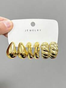 Set de 6-18 piezas de aretes con diseños de flor, gota y en forma de C en color dorado, adecuado para salidas, vacaciones y fiestas - Dorado - Ver 4