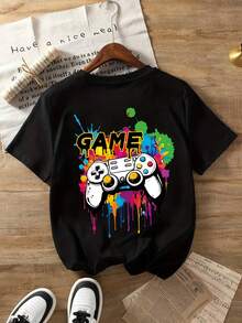 青少年男孩卡通游戏印花圆领T恤 春夏男童休闲T恤 柔软上衣 - 黑色 - 查看 3