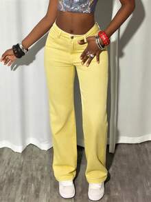 Quần jeans ống đứng thường ngày dành cho nữ - Màu vàng - Xem 3