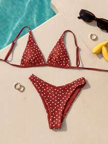 Bộ bikini nữ mới, kiểu dáng thường ngày, dễ thương, in hình trái tim màu đỏ, gồm áo và quần tam giác, thích hợp cho kỳ nghỉ biển. - Đỏ - Xem 3