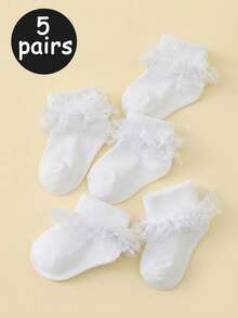 5 Pairs Baby Girls' White Elegant Lace Trim Socks, Loose Cuff, Comfortable & Breathable - White - View 10
