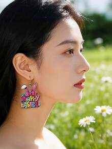 1 Pair Fashion Creative Easter Happy Rabbit Earrings | Letter Print Rabbit Drop Earrings, Acrylic With Alloy Ear Needle, Suitable For Daily And Festive Occasions - Multicolor - View 3