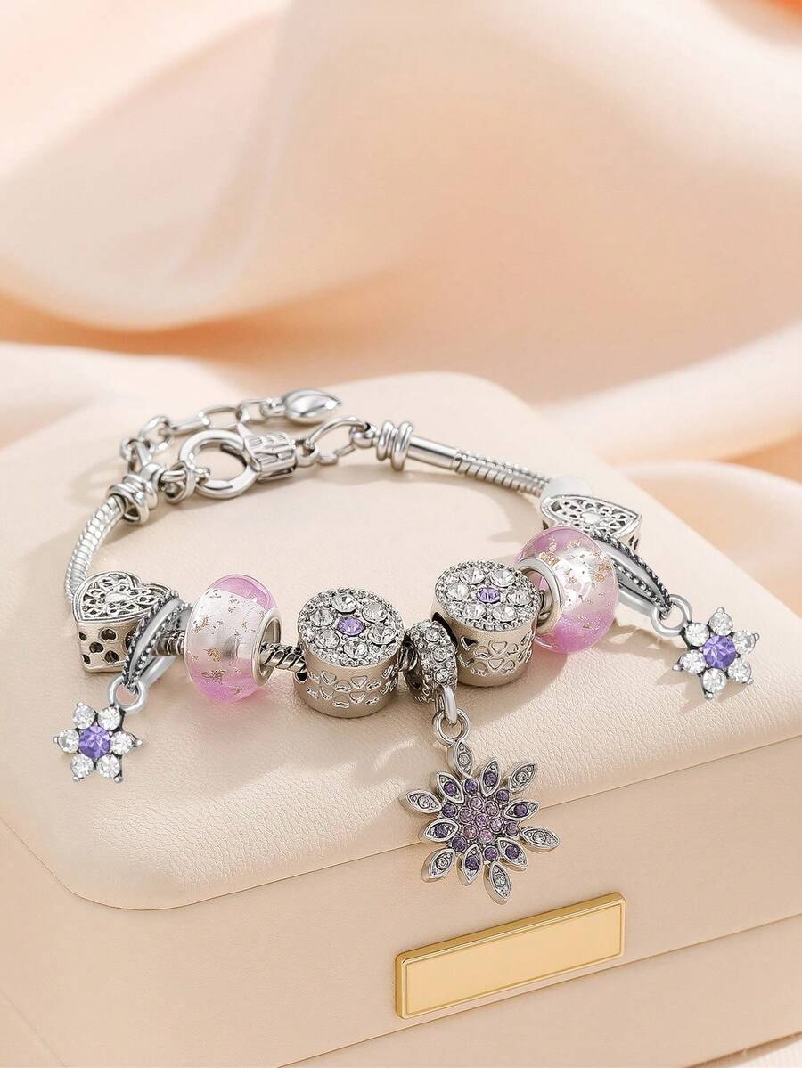 Heart & Flower Charm Bracelet Classic Heart Rhinestone Bracelet Snowflake Bracelet Fashionable Golden Heart Bracelet For Girl - Multicolor - View 1
