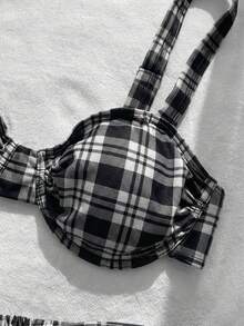 Ensemble de bikini à armatures avec bretelles larges, imprimé sexy à carreaux rouges, convient pour les fêtes au bord de la piscine et les tenues de plage, vacances d'été noir - Noir - Voir 4