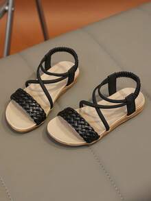 1双复古露趾儿童凉鞋，夏季新款时尚透气沙滩鞋，软底防滑 - 黑色 - 查看 4