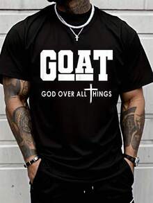 Shirts For Men 100% Cotton Goat God Over All Things Funny Jesus Christian Printed T-Shirt, Short-Sleeved Crew Neck Casual Top, Suitable For All Seasons, Men's Wear Men's Casual Print Round Neck Short Sleeve T-Shirt Men Women T-Shirt Print Tee - 黑色 - 查看 1
