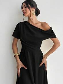 Women Off-The-Shoulder, Short-Sleeved, Pleated, Long, Shimmering Crepe Dress., 31119 - Black - View 3