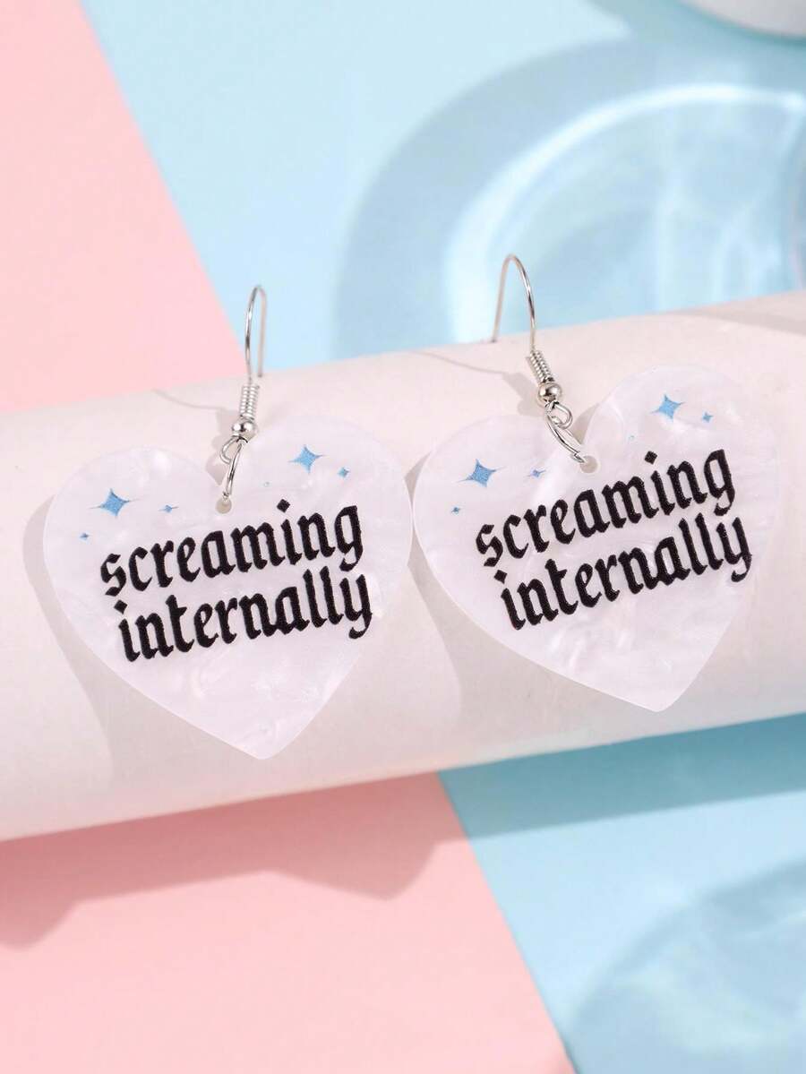 1件 时尚创意设计独特精致小众蓝色星星“内心呐喊”字母白色珍珠心形亚克力耳环，女士日常、派对、通勤、节日饰品 - 彩色 - 查看 1