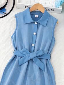 Tween Girl Rhinestone Button Design Sleeveless Casual Jumpsuit - Blue - View 5