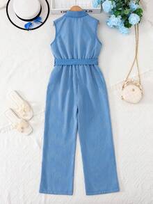 Tween Girl Rhinestone Button Design Sleeveless Casual Jumpsuit - Blue - View 4