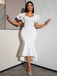 Vestido elegante y noble blanco ajustado con bajo de sirena para mujer AOMEI, escote en forma de corazón, mangas cortas con volantes, elegante para fiesta, invitada de boda, aniversario de boda, vestido de verano - Blanco - Ver 9