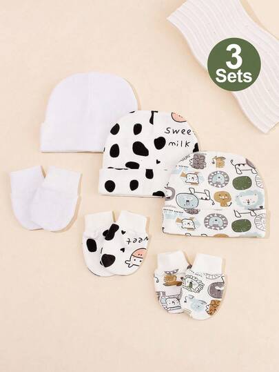 3 Sets Newborn Hospital Hats & Mittens Set For 0-3 Months, Cute Cartoon Print Baby Caps To Protect Fontanelle, No Scratch Mittens, Unisex, Breathable & Skin-Friendly, All Season Infant Essentials