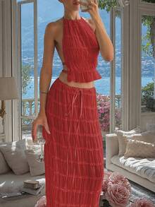 Chiffon Multi-Layer Ruffle Lace Trim Backless Camisole Maxi Dress Set, Romantic Elegant 2-Piece Outfit, Suitable For Christmas, Party, Gothic, Wedding And Other Occasions - Red - View 8