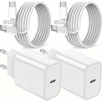FCV EU 플러그 타입 C E F 220-240V 매칭 스타일 페이즈 3 벽 충전기 20W USB-C 충전기 (충전 케이블 포함), Pro/Air 13/11/12.9, 10/11/A16, 17/Air/16/16e/15 Pro Max와 호환, 2m/1m USB-C 고속 충전 케이블이 있는 전원 어댑터 발렌타인 데이 선물