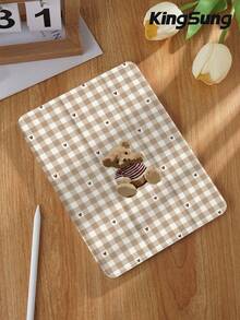 Retro Style, Bear, Two-Tone Check Pattern, Heart Tablet Case, Compatible With IPad 9.7/10.2/10.5/10.9/12.9/Pro 11, 10th Generation, Compatible With Samsung Galaxy Tab S6 Lite 10.4-Inch, Compatible With Kindle Paperwhite 12th Gen 2024, Kindle (11th Generation) 2022 Version, Kobo Clara Color, Soft And Drop Resistant, Smart Stand/Auto Wake/Sleep - Multicolor - View 3