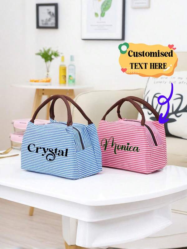 1pc Can Customize Personalized Name Lunch Bag, Daily Fashion Versatile Light Lunch Box Bag, Simple Striped Lunch Box, Daily Convenient Thermal Bag, Multi-Functional Handbag, Suitable For Work, Picnic, Outing, Outdoor Travel, And Is The Best Gift For Family, Mother, Father, Sisters, Brother, Friend, And Best Friend.