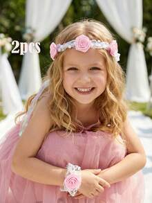2pcs/Set Pink Rose Flower Crown + Flower Bracelet Set, For Girls, Ice & Snow Themed Wedding, Bridal, Party, Photo Booth Props, Wedding Decor, Flower Crown, Wrist Flower, Valentine's Day Gift, Parent-Child - Pink - View 12